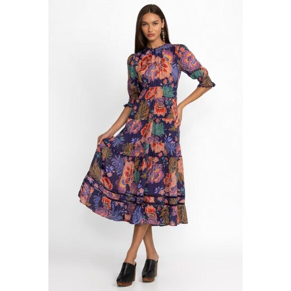 $598 NWT Johnny Was Jade Silk Blend DAPHNE TEA Tiered Ruffles Midi DRESS Size XS - Picture 3 of 16